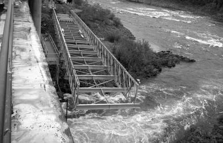 Steel truss tailrace access built by Pittmans for NL Hydro in 2013, Grand Falls, Newfoundland